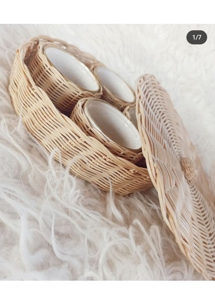 Luxury Hasır Bambu Rattan Çerezlik Kahvaltılık Kapaklı Set 1 Adet