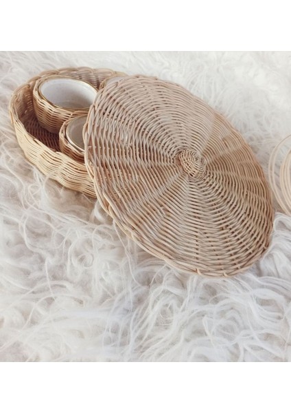 Luxury Hasır Bambu Rattan Çerezlik Kahvaltılık Kapaklı Set 1 Adet