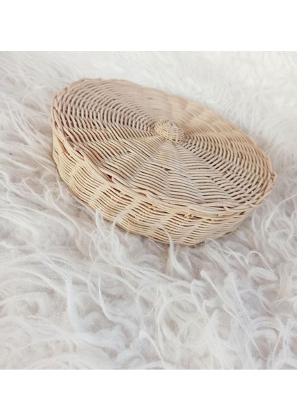 Luxury Hasır Bambu Rattan Çerezlik Kahvaltılık Kapaklı Set 1 Adet