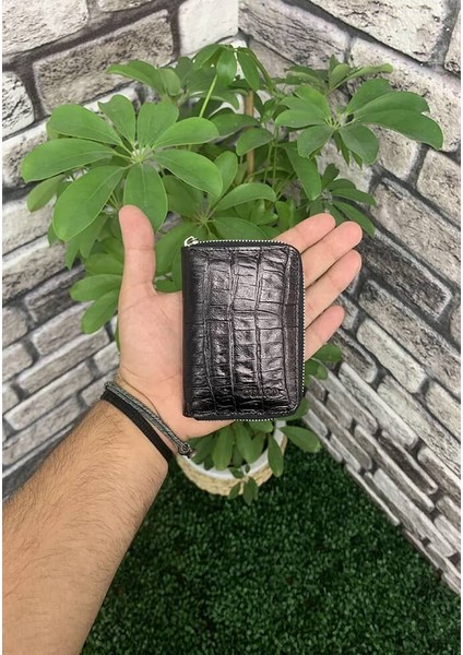 Hakiki Deri Timsah Baskılı Siyah Unisex Kartlık (T51)