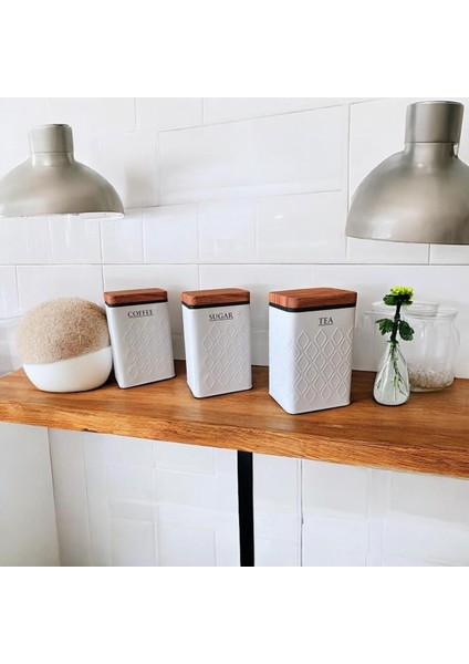 Luxury Yeni Desen Premium 3'lü Metal Çay Kahve Şeker Saklama Kavanozu - Beyaz 1 Adet modelleri