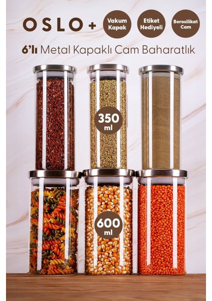 Luxury Oslo Plus - 6'lı Metal Kapaklı Vakumlu Cam Saklama Kabı Baharatlık 1 Adet