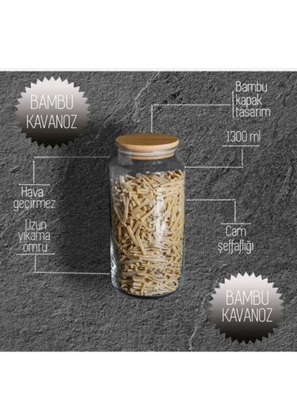 Luxury 6 Adet 1300 cc Bambu Kapaklı Cam Bakliyat Çay Şeker Kahve Kavanoz Seti 1 Adet