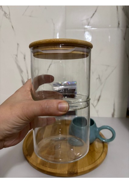 Luxury Tek Bambu Kapaklı 2katlı Drajelik Kurabiyelik Cam 500ML 1 Adet