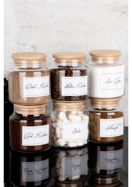 Luxury 6lı 500ML Ahşap Vakum Kapaklı Etiketli Çay Kahve Köşesi Seti Cam Kavanoz Seti 1 Adet