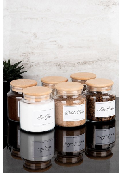 Luxury 6lı 500ML Ahşap Vakum Kapaklı Etiketli Çay Kahve Köşesi Seti Cam Kavanoz Seti 1 Adet