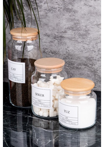 Luxury 3'lü 1300/800/500 ml Ahşap Kapaklı Çay&şeker&tuz Kavanozu Vakumlu Saklama Kabı 1 Adet