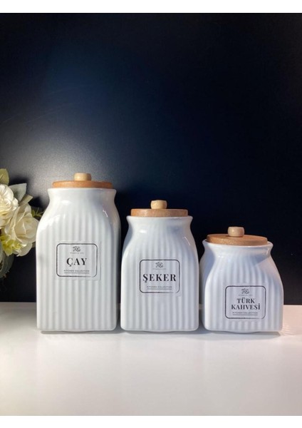 Luxury 3 Boy Bambu Vakumlu Porselen Çay Şeker Kahve Kavanozu 3'lu Saklama Takımı 1000ML,750ML,500ML 1 Adet