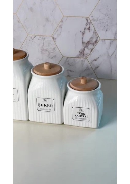 Luxury 3 Boy Bambu Vakumlu Porselen Çay Şeker Kahve Kavanozu 3'lu Saklama Takımı 1000ML,750ML,500ML 1 Adet
