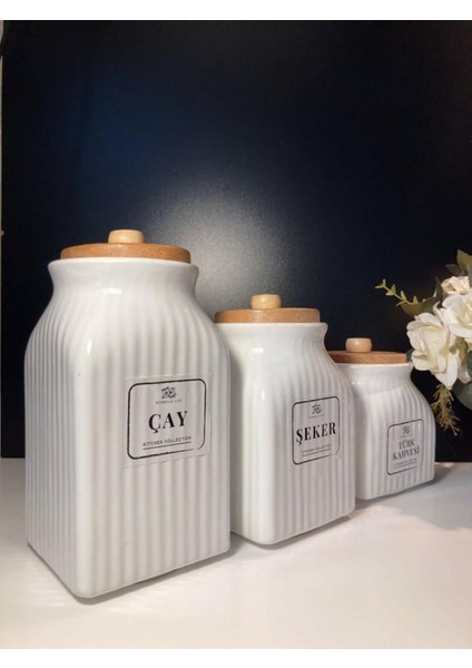 Luxury 3 Boy Bambu Vakumlu Porselen Çay Şeker Kahve Kavanozu 3'lu Saklama Takımı 1000ML,750ML,500ML 1 Adet