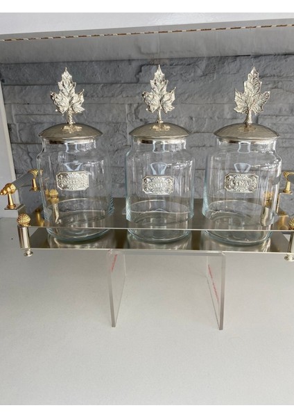 Luxury Platin Yapraklı 3lü Standlı Kavanoz Seti Gümüş 45X13X25 cm 1 Adet
