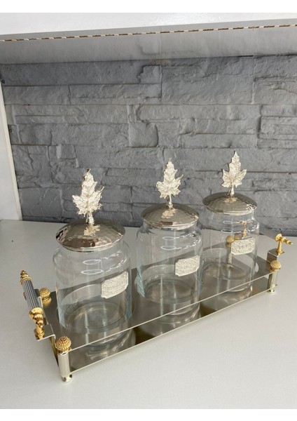 Luxury Platin Yapraklı 3lü Standlı Kavanoz Seti Gümüş 45X13X25 cm 1 Adet
