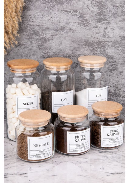 Luxury 3lü Ahşap Kapaklı Cam 1300ML Çay/şeker/tuz ve 3lü 500ML Filtrekahve/türkkahvesi/nescafe Kavanozu 1 Adet