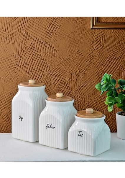 Luxury 3 Boy Porselen Bambu Kapaklı Çay Şeker Tuz Kavanoz Seti 1000ML 750ML 500ML(30'LU Etiket Hediyeli) 1 Adet