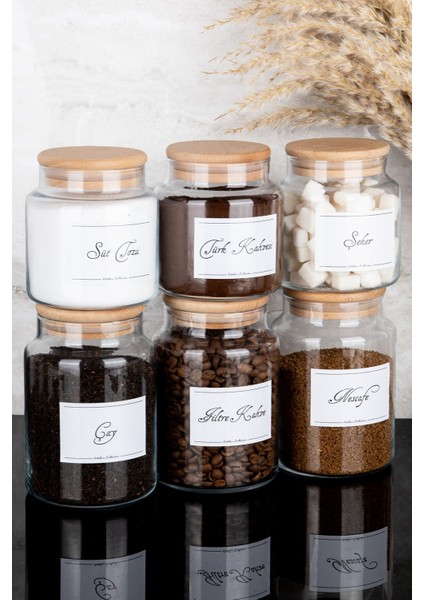 Luxury 6lı Ahşap Vakum Kapaklı Etiketli Çay Şeker Filtre Türk Kahvesi Süt Tozu Cam Kavanoz Seti 800-500 ml 1 Adet