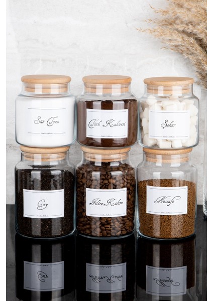 Luxury 6lı Ahşap Vakum Kapaklı Etiketli Çay Şeker Filtre Türk Kahvesi Süt Tozu Cam Kavanoz Seti 800-500 ml 1 Adet