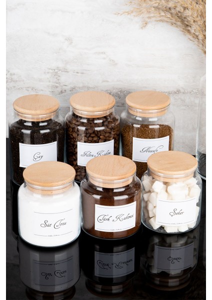 Luxury 6lı Ahşap Vakum Kapaklı Etiketli Çay Şeker Filtre Türk Kahvesi Süt Tozu Cam Kavanoz Seti 800-500 ml 1 Adet