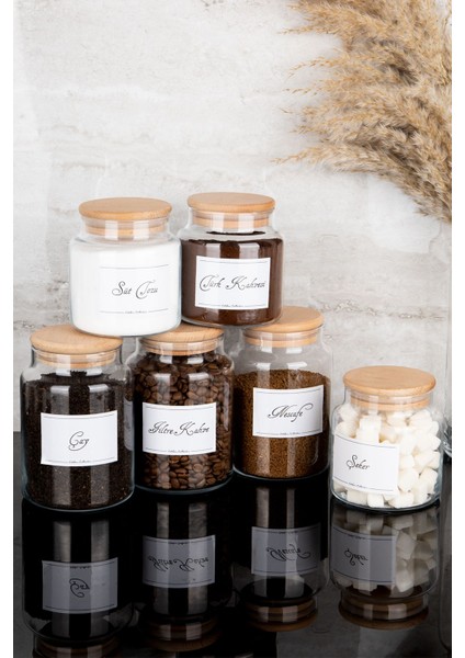 Luxury 6lı Ahşap Vakum Kapaklı Etiketli Çay Şeker Filtre Türk Kahvesi Süt Tozu Cam Kavanoz Seti 800-500 ml 1 Adet