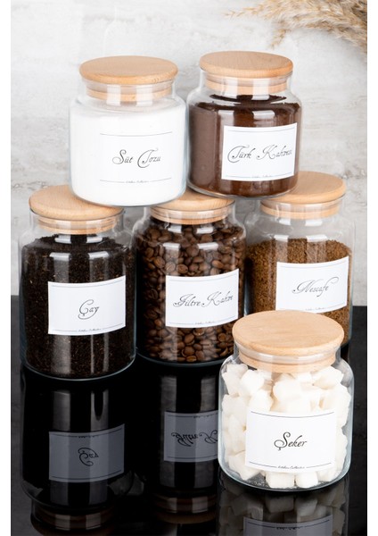 Luxury 6lı Ahşap Vakum Kapaklı Etiketli Çay Şeker Filtre Türk Kahvesi Süt Tozu Cam Kavanoz Seti 800-500 ml 1 Adet