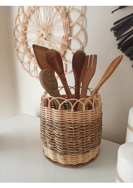 Luxury Hasır Bambu Rattan Ahşap Tabanlı Saksı,kaşıklık,taraklık 16X16 cm 1 Adet