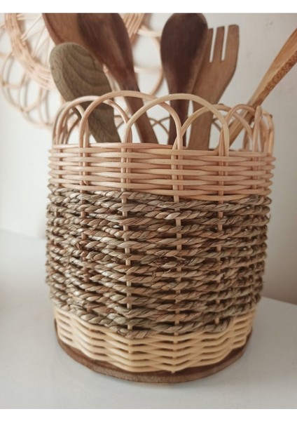 Luxury Hasır Bambu Rattan Ahşap Tabanlı Saksı,kaşıklık,taraklık 16X16 cm 1 Adet