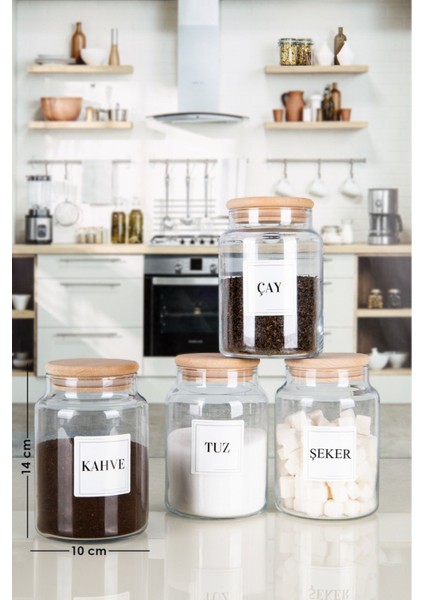Luxury 4'lü Ahşap Kapaklı Etiketli Çay Şeker Kahve Tuz Cam Kavanoz Saklama Kabı 800 ml 1 Adet
