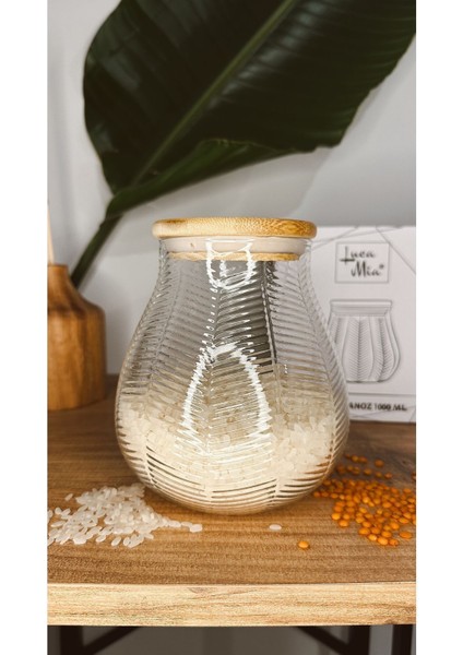 Luxury Bambu Kapaklı Çizgi Desenli Cam Kavanoz 1000 ml 1 Adet