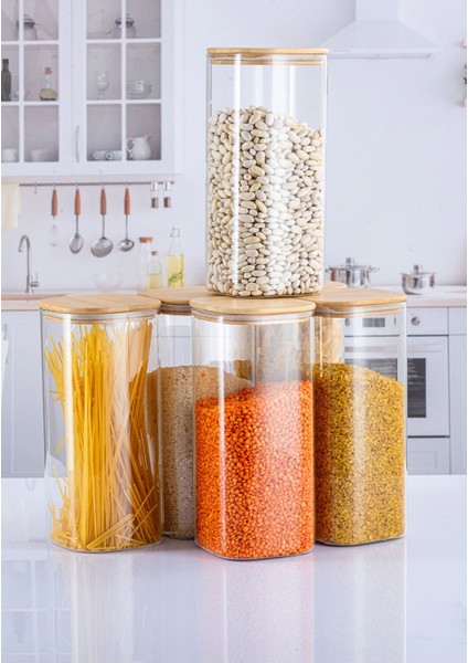 Luxury 6 Adet 1800 ml Kare Bambu Kapaklı Lüks Bakliyat Seti 1 Adet