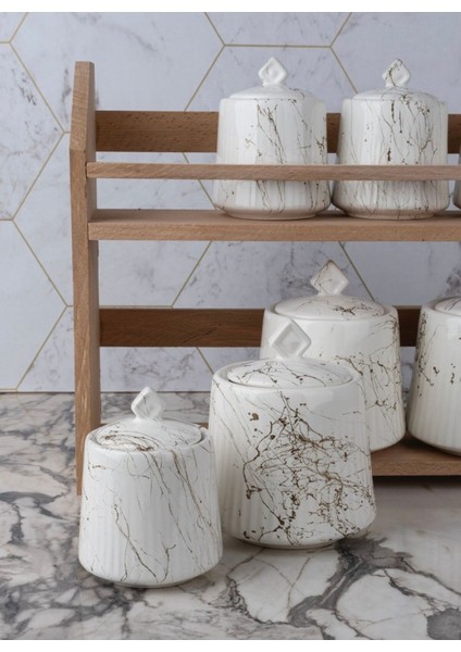 Luxury Ahşap Standlı Mermer Desenli 7’li Porselen Baharat Saklama Kavanoz Seti Baharatlık Takımı 1 Adet