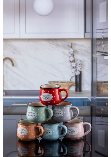 Luxury 6 Renk Emaye Görünümlü Homemade Love Porselen Tombul Çay Nescafe Fincanı 1 Adet