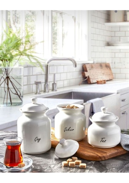 Luxury 3'lü Lüks Çay Şeker Tuz Saklama Kavanozu Porselen 1 Adet