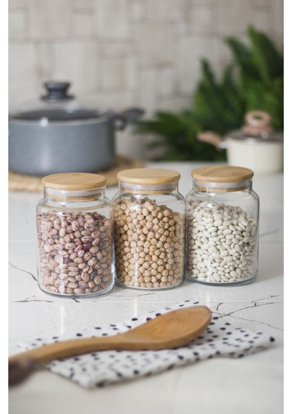 Luxury 3 Lü Set Bambu Kapaklı Cam Kavanoz & Erzak Saklama Kabı 800 ml Orta Boy ( Vakum Kapak ) 1 Adet