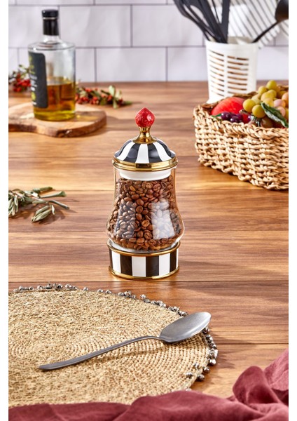 Luxury Leo Porselen Cam Tepeli Siyah Beyaz Küçük Kavanoz 550 ml 1 Adet