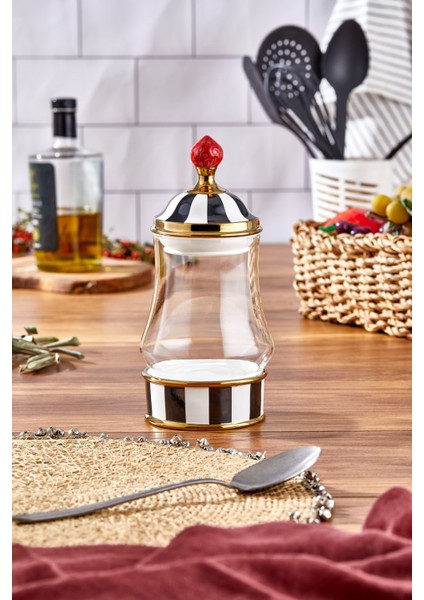 Luxury Leo Porselen Cam Tepeli Siyah Beyaz Küçük Kavanoz 550 ml 1 Adet