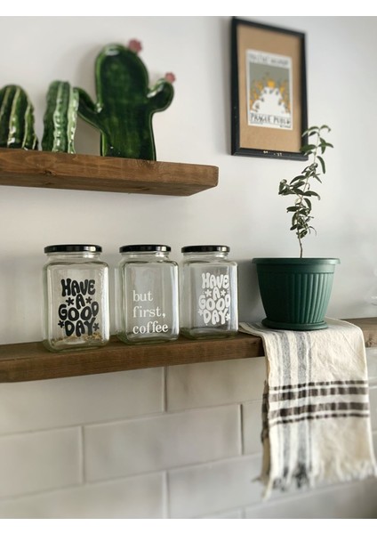 Luxury Cam 3lü Dekoratif Erzak Kahve Çay Şeker Kavanozu 1000 cc Coffee Etiketli Kavanoz Seti 1 Adet