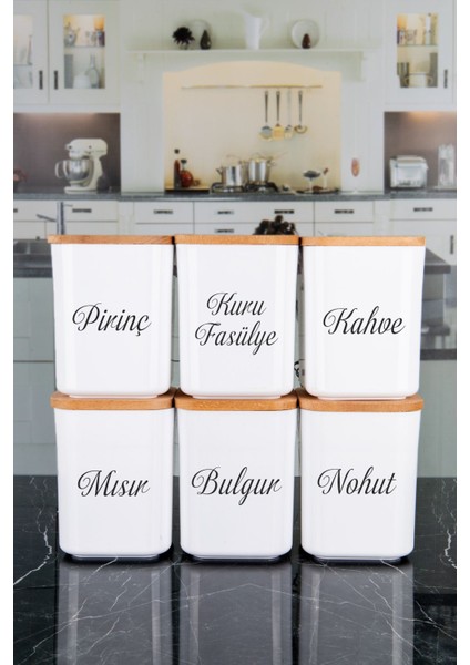 Luxury 6'lı Porselen Görünümlü Kare Ahşap Vakumlu Kapaklı Akrilik Erzak Saklama Kabı Baharatlık 900 ml 1 Adet
