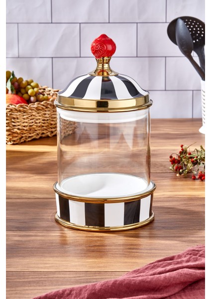 Luxury Porselen Cam Tepeli Siyah Beyaz Battal Boy Kavanoz 2500 ml 1 Adet