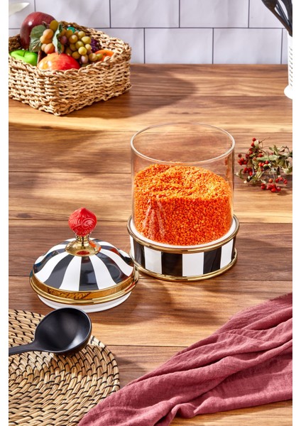 Luxury Porselen Cam Tepeli Siyah Beyaz Battal Boy Kavanoz 2500 ml 1 Adet