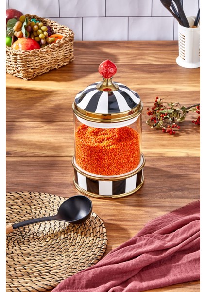 Luxury Porselen Cam Tepeli Siyah Beyaz Battal Boy Kavanoz 2500 ml 1 Adet