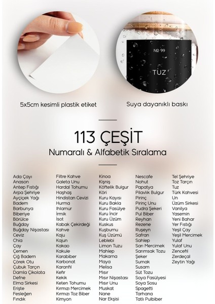 Luxury Minimal ve Modern Stil, Dekoratif Baharat, Bakliyat, Kuruyemiş Kavanoz Sticker Etiket, 113 Çeşit 1 Adet