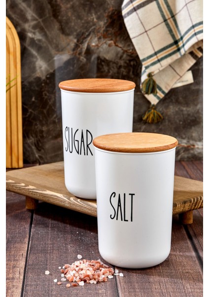 Luxury 2'lü Ahşap Vakum Kapaklı Transfer Etiketli Salt/sugar Akrilik Kavanoz 900ML 1 Adet