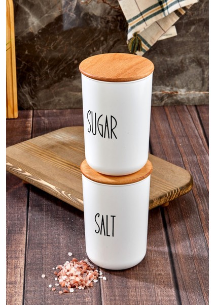 Luxury 2'lü Ahşap Vakum Kapaklı Transfer Etiketli Salt/sugar Akrilik Kavanoz 900ML 1 Adet