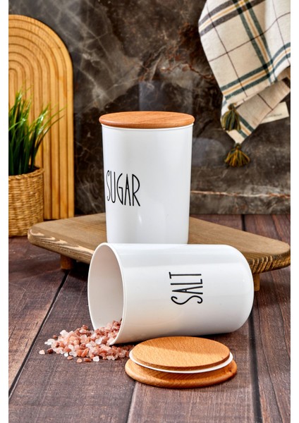 Luxury 2'lü Ahşap Vakum Kapaklı Transfer Etiketli Salt/sugar Akrilik Kavanoz 900ML 1 Adet