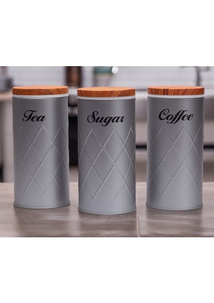Luxury 3'lü Set Metal Çay Kahve Şeker Saklama Kabı Kavanoz Vakum Kapaklı - Gri 1 Adet