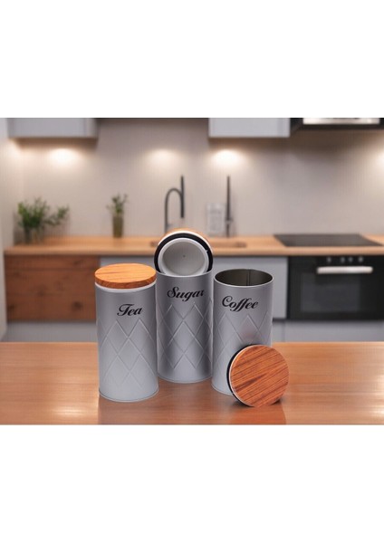 Luxury 3'lü Set Metal Çay Kahve Şeker Saklama Kabı Kavanoz Vakum Kapaklı - Gri 1 Adet fiyatları