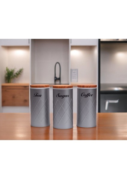 Luxury 3'lü Set Metal Çay Kahve Şeker Saklama Kabı Kavanoz Vakum Kapaklı - Gri 1 Adet modelleri