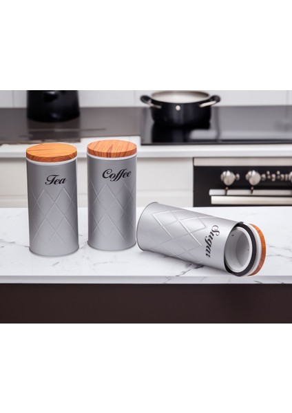 Luxury 3'lü Set Metal Çay Kahve Şeker Saklama Kabı Kavanoz Vakum Kapaklı - Gri 1 Adet indirimleri