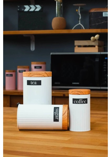 Luxury 3'lü Set Metal Çay Kahve Şeker Saklama Kavanozu - Beyaz 1 Adet