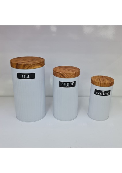 Luxury 3'lü Metal Çay Kahve Şeker Saklama Kavanozu 3'lü Set Beyaz 1 Adet