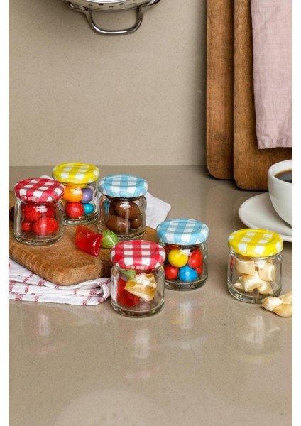 Luxury 6'lı 40 ml Yuvarlak Cam Kavanoz - Jelly - Ekose Kapaklı 1 Adet
